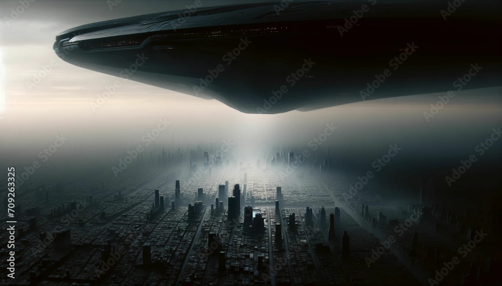 A gigantic alien spaceship flies over a gloomy city