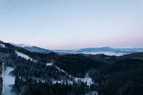 Mountains at sunset in winter.Top view of the mountains 
