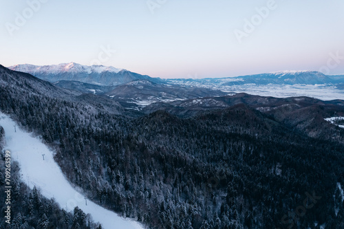 Mountains at sunset in winter.Top view of the mountains 