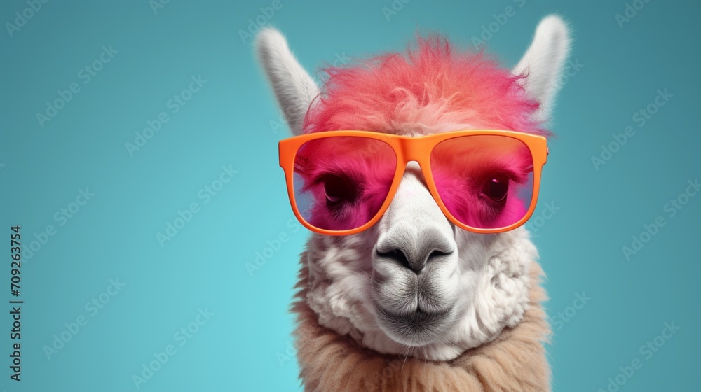 lama in sunglass shade glasses isolated on solid pastel background, commercial, editorial advertisement, surreal surrealism