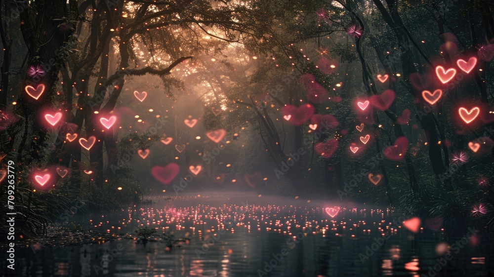 enchanted love forest in the valentines day pragma - obrazy, fototapety, plakaty 