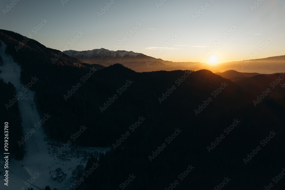 Mountains at sunset in winter.Top view of the mountains