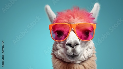 lama in sunglass shade glasses isolated on solid pastel background, commercial, editorial advertisement, surreal surrealism © ABDUL FAROOQ