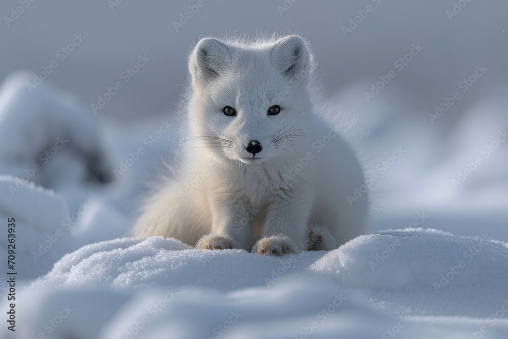 Naklejka premium The innocence of an Arctic fox pup's first snow exploration