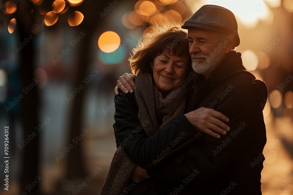 55 years old woman and 60 years old man looking happy and loving outdoor