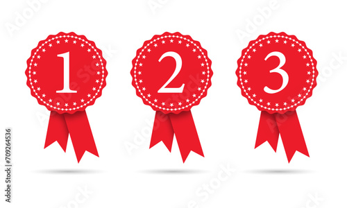 1st 2nd and 3rd prize medal with ribbon set in red and white color. Champion and winner awards medal set with star and red ribbon. First place trophy - Vector Icon