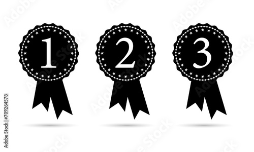 1st 2nd and 3rd prize medal with ribbon set in black and white color. Champion and winner awards medal set with star and red ribbon. First place trophy - Vector Icon