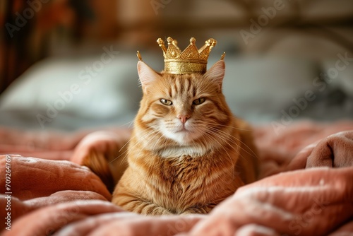 fat spoilt ginger cat with golden crown close up