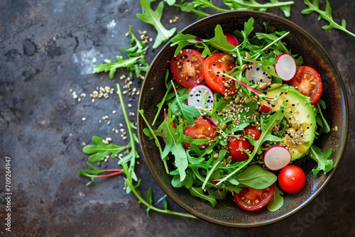 Fresh vegetable salad with tomatoes, avocado, arugula, radish and seeds. Healthy vegan, vegetarian, dieting food. Top view of with copy space.