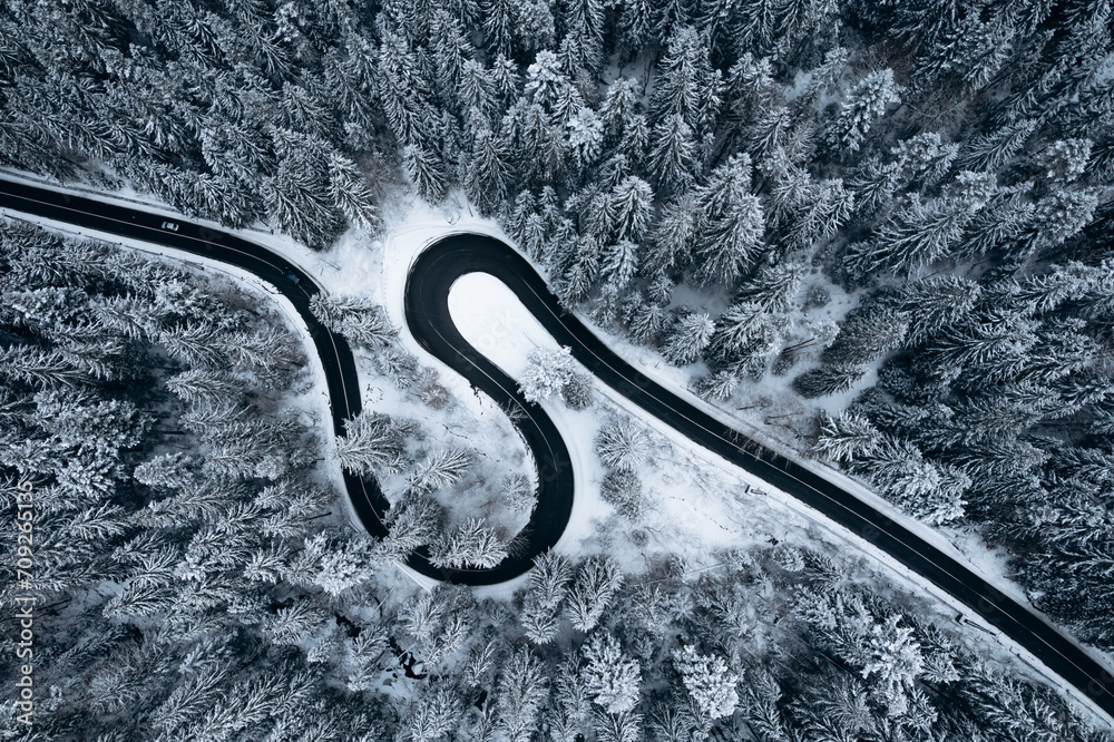 Aerial view of spectacular mountain road.Serpentines Romania.