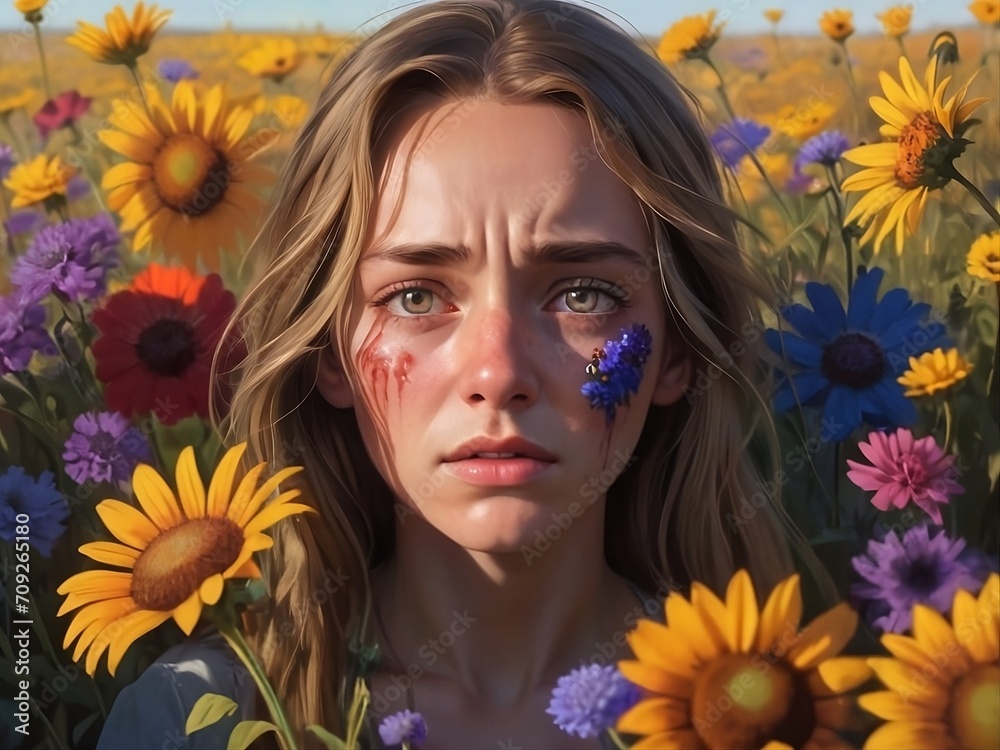 A young woman stands in a field of wildflowers, her face twisted in agony as she struggles to hold onto a heavy burden.