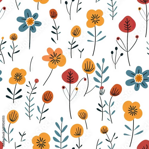 Seamless pattern simple doodle flowers on a white background retro style . print for fabric  wrapping paper. Wood Style