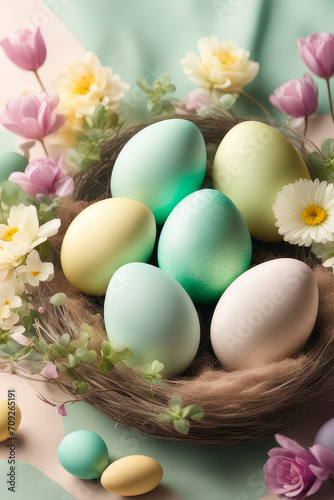 Celebrating Easter  holiday greeting card mockup with flowers and colored eggs. Spring backdrop.