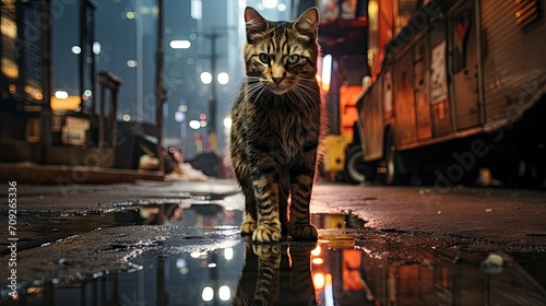Cute Domestic Cat in the City at Night with Reflective Eyes