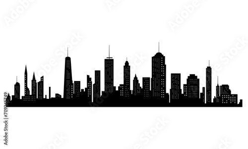 Black cities silhouette. Horizontal skyline in flat style isolated on white. Cityscape with windows, urban panorama of night town. © Zenovii