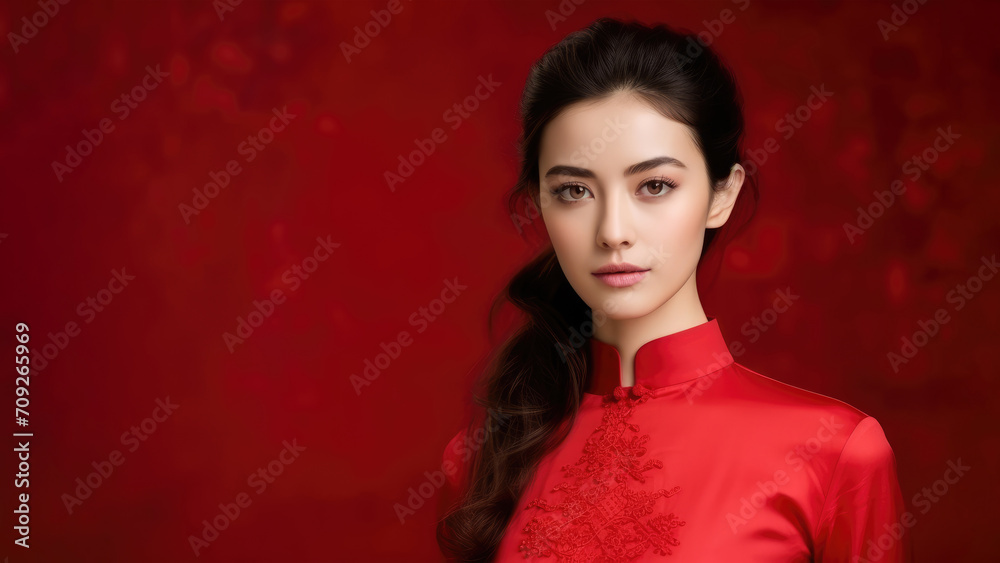 Happy Chinese New Year. Asian woman wearing a traditional cheongsam Isolated on red background. Happy Chinese New Year. Asian woman wearing a traditional cheongsam Isolated on red background.
