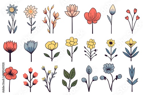 Stylized Botanical Illustrations Vibrant Array of Line-Art Flowers on white background for Creative Design