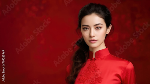 Happy Chinese New Year. Asian woman wearing a traditional cheongsam Isolated on red background.