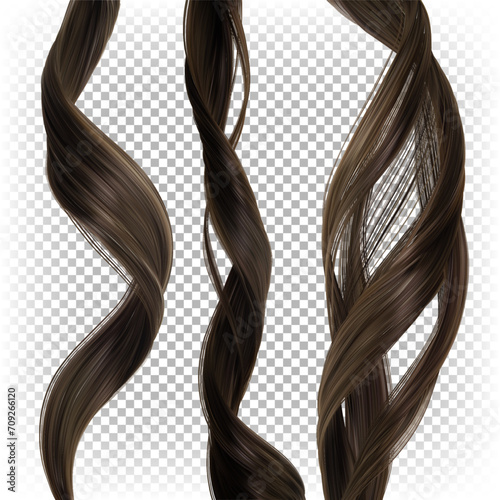 Set of different wavy curls of female brown hair isolated on a transparent background. 3D vector realistic illustration.