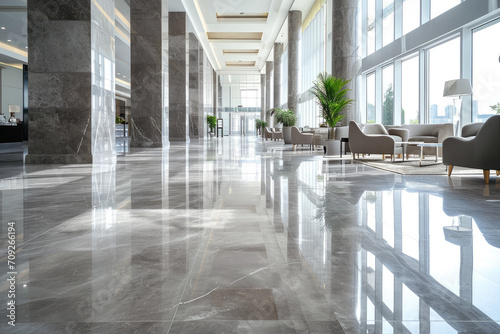 Modern interior of luxury lobby of commercial building, clean shiny floor in office hall after professional care, perspective view. Concept of marble tile, hallway, service, corporate