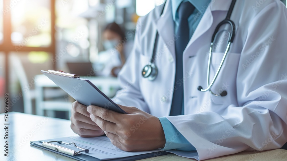 A dedicated physician in a white coat is engrossed in reviewing patient information on a digital tablet, with the backdrop of a busy clinic environment A dedicated physician in a white coat is engrossed in reviewing patient information on a digital tablet, with the backdrop of a busy clinic environment