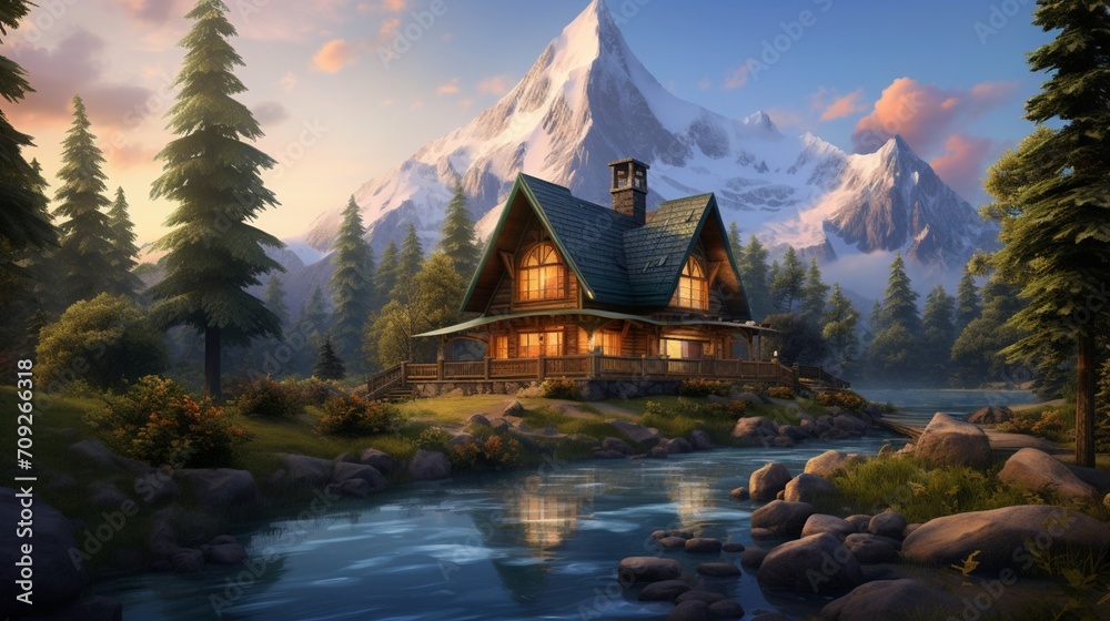 A home icon with a mountain retreat design, showcasing a cabin nestled in a picturesque landscape.