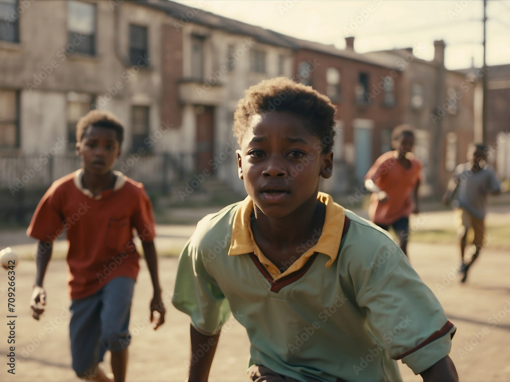 Portrait of a young handsome african boy playing football in the streets. Group of the kids are playing soccer outdoors Portrait of a young handsome african boy playing football in the streets. Group of the kids are playing soccer outdoors