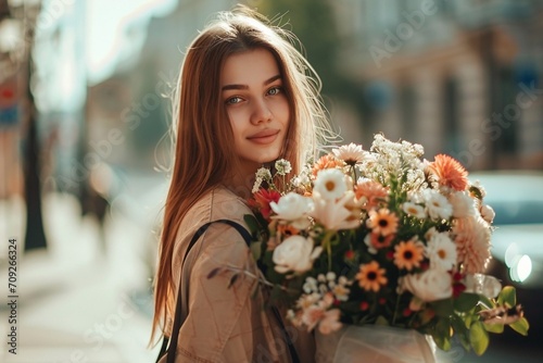 attractive fashionable European girl, good detail of facial skin, eyes in focus, with a huge bouquet of flowers, walking down the street of a big noisy city © Iulia