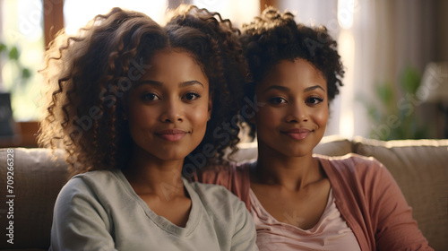 Closeup beauty portrait of young african american twin sisters sit on sofa at home. Cheerful african american women hugging indoors