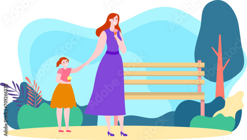 Red-headed mother and daughter enjoying ice cream in park. Woman in purple dress, child in orange, sunny day, relaxed atmosphere. Mother-daughter bonding, leisure time vector illustration. © creativeteam