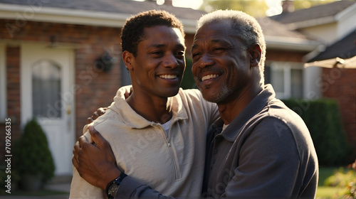 Loving senior father hugging adult son standing outside house smiling together. Cheerful african american man hugging mature dad outdoors photo