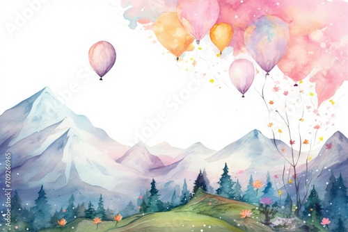 modern traditional painting watercolor mountains stars in pastel colors blossoms, flower, branches and butterflies photo