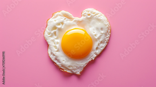 Heart shaped fried egg in pink background. 