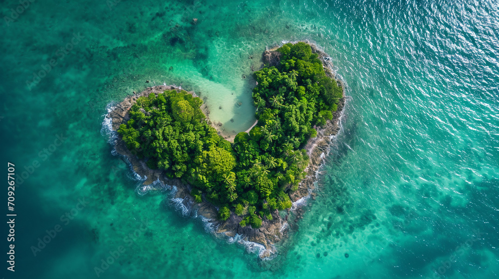 Green heart shaped tropical island in the sea. Valentine's day concept.  - obrazy, fototapety, plakaty 