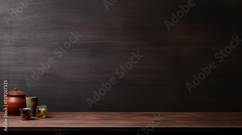 Dark background wall with empty table for montage
