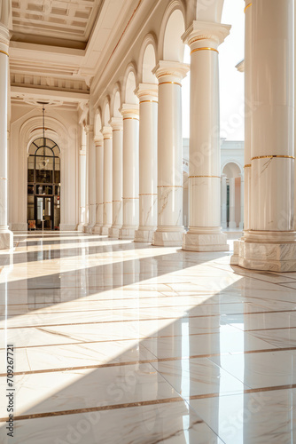 Interior of luxury porch of commercial building  vertical view of clean shiny floor in hallway after cleaning service. Concept of modern marble tile  corporate style