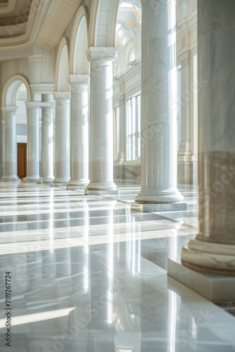 Interior of luxury lobby of commercial building or museum, vertical view of clean shiny floor in hallway after professional care. Concept of modern marble tile, service, corporate