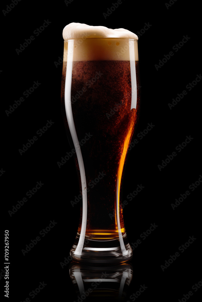 Beer in a tall glass on a dark black background. Mugs with drink like Ipa, Pale Ale, Pilsner, Porter or Stout Beer in a tall glass on a dark black background. Mugs with drink like Ipa, Pale Ale, Pilsner, Porter or Stout