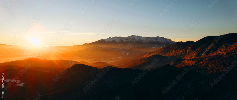 Mountains at sunset in winter.Top view of the mountains