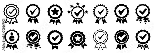 Approval check icon set isolated, approved or verified medal icon, certified badge symbol, quality certify sign, correct mark, award ribbon – vector photo