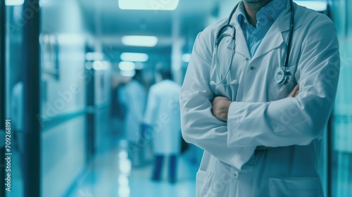 Focused male doctor in a lab coat stands with crossed arms in a bustling hospital corridor, exuding professionalism and readiness