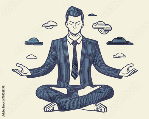 Male office worker in suit and tie meditating after work with closed eyes. He sits cross-legged in a yoga pose.