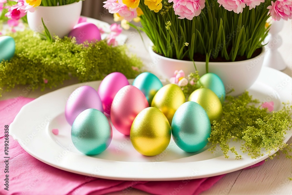 Easter table setting with colored eggs and flowers. Selective focus. Easter table setting with colored eggs and flowers. Selective focus.