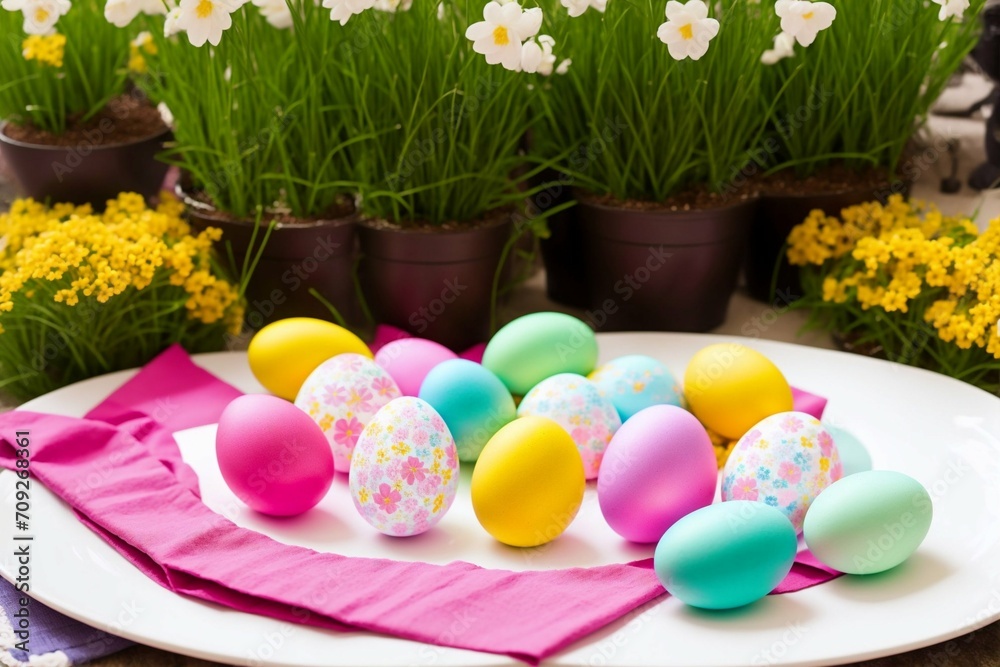 Fototapeta premium Easter table setting with colored eggs and flowers. Selective focus.