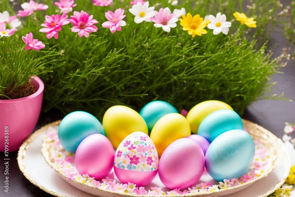 Fototapeta premium Easter table setting with colored eggs and flowers. Selective focus.
