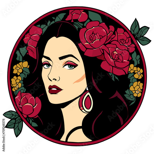 Portrait of a beautiful brunette girl with red roses in her hair and plump lips. Stylish illustration for tattoo.