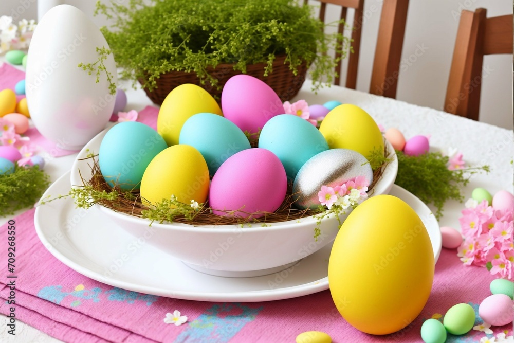 Easter table setting with colored eggs and flowers. Selective focus. Easter table setting with colored eggs and flowers. Selective focus.