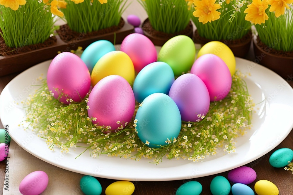 Easter table setting with colored eggs and flowers. Selective focus. Easter table setting with colored eggs and flowers. Selective focus.