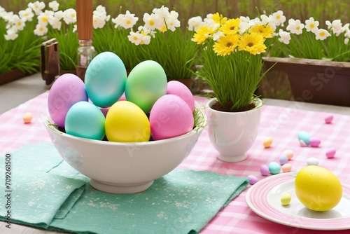 Easter table setting with colored eggs and flowers. Selective focus. © Евгений Порохин