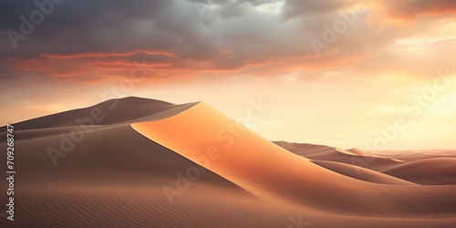 A dessert sand dune at sunset in warm orange tones. Beautiful landscape. Sunrise in a dessert banner.